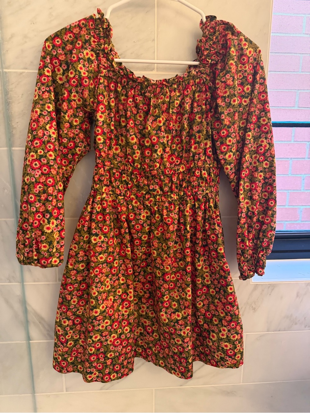 Crewcuts Pink & Green Floral Smocked Waist Long Sleeve Dress